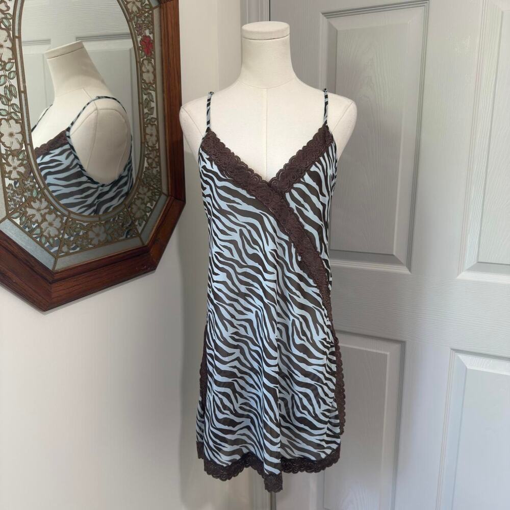NWT VTG Y2K Mystique Intimates Blue & Brown Sheer Zebra Print Lace Trim Slip L